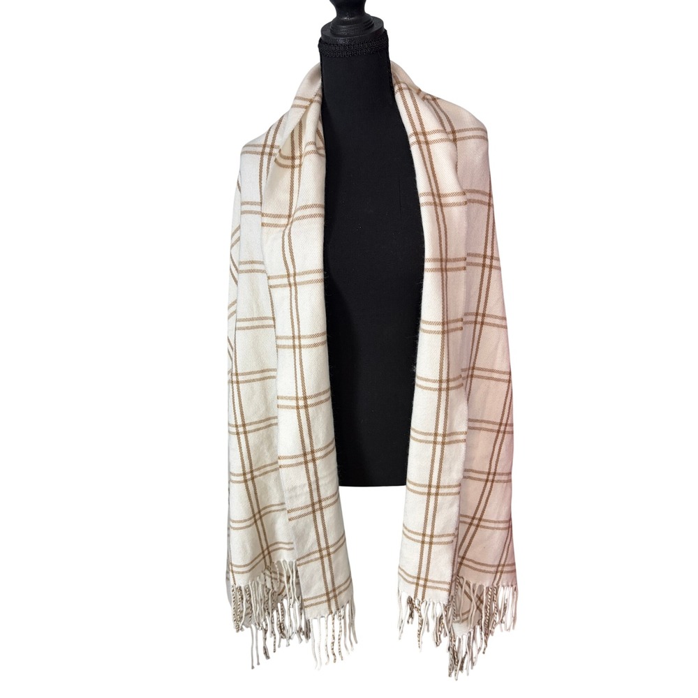 J.Crew Plaid Cape Scarf Wrap Ivory Camel Fringe Arm Holes Preppy Quiet Luxury